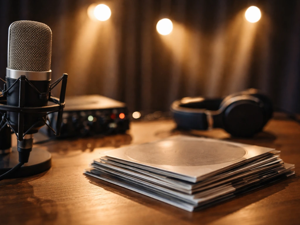 Studio microphone with music media and warm stage lighting beams in the background.