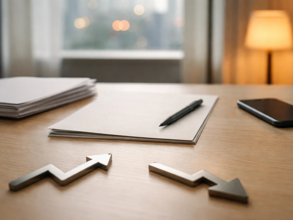 Minimal desk scene with blurred newspaper headlines style and contrasting upward and downward arrow cues in motion