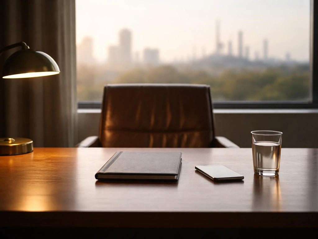Sunlit office desk with a clear glass and a muted city skyline through the window, symbolizing executive wealth
