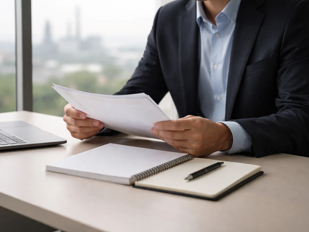 Energy executive at a quiet office desk with oil-and-gas work documents and a blurred city skyline.