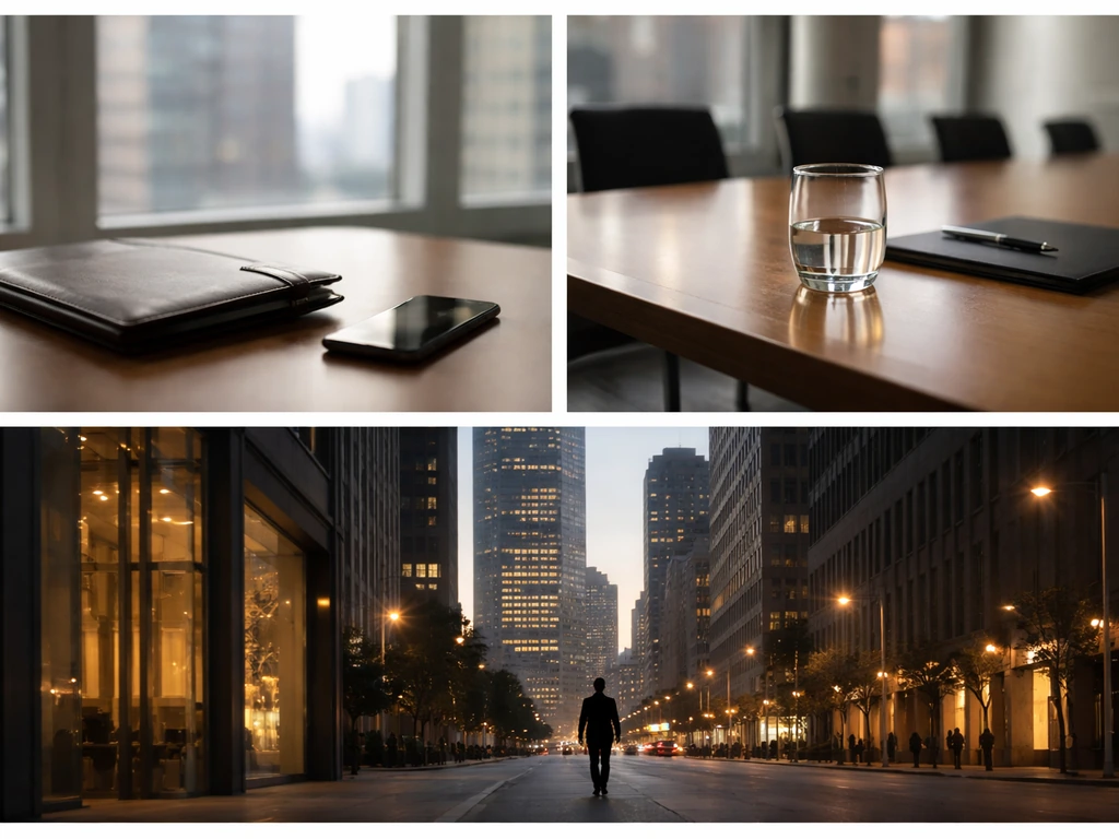 Triptych of minimal office and city scenes suggesting three phases of income over time.