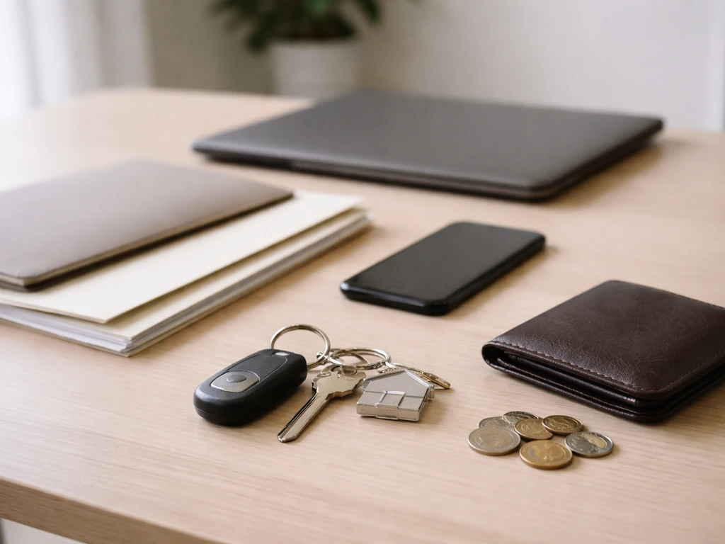 Minimal desk with documents, keys, wallet, coins, and a phone symbolizing assets and spending signals