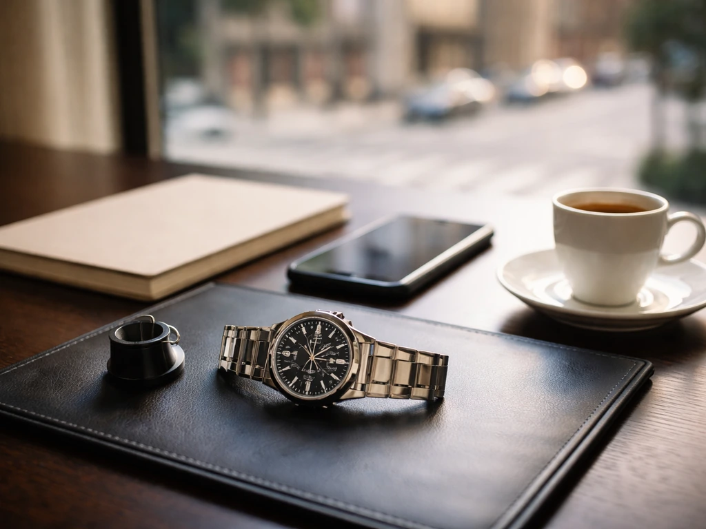 Luxury watch on a leather pad with loupe and notebook, city window bokeh—symbolic wealth estimate theme.