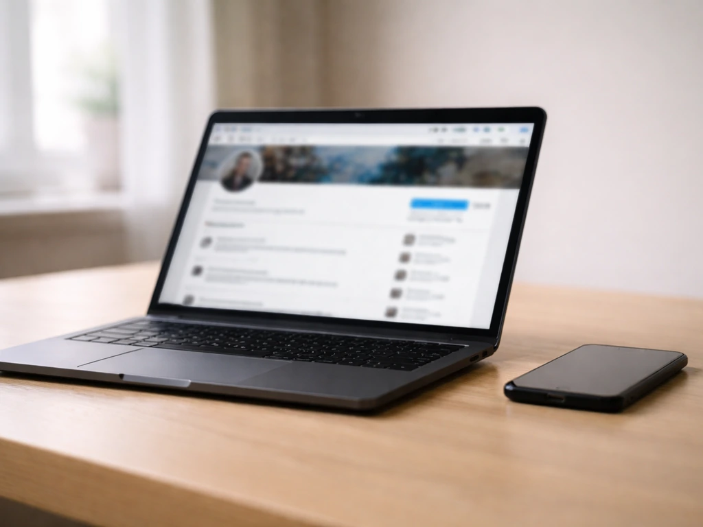 Close-up of a laptop on a clean desk showing a blurred social profile page about a membership club