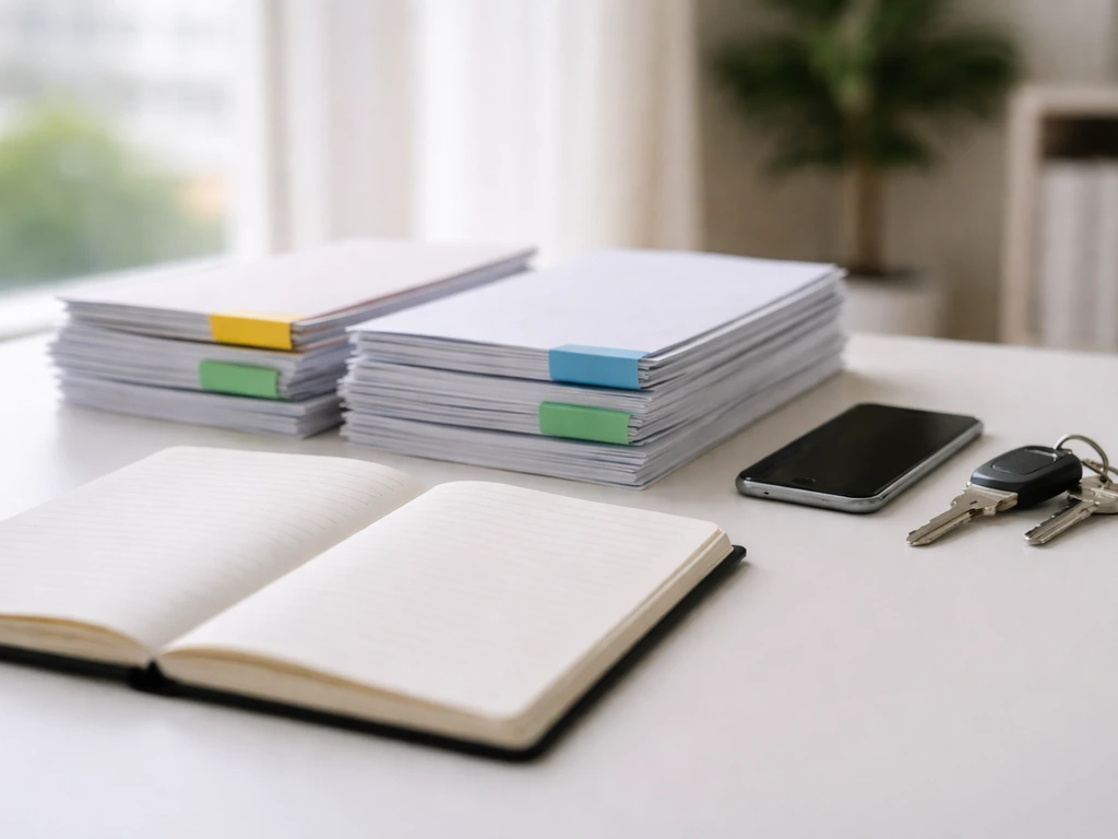 Open notebook with organized document stacks, keys, and phone on a tidy desk for methodology inputs.