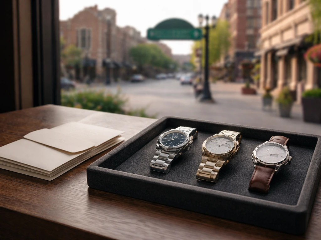 Luxury watch display beside business membership items, with a subtle Sioux Falls–style street view background.
