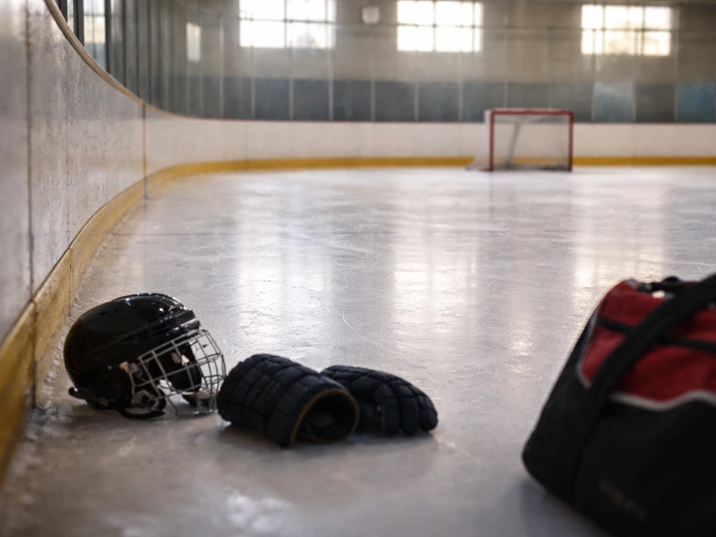 Cropped photo of an empty hockey rink with blurred gear and a subtle sense of sports wealth