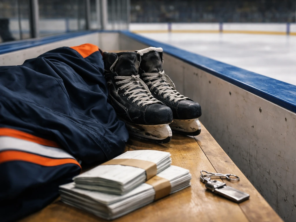 Close-up on hockey skates and a jacket beside stacked cash envelopes in an arena bench area.