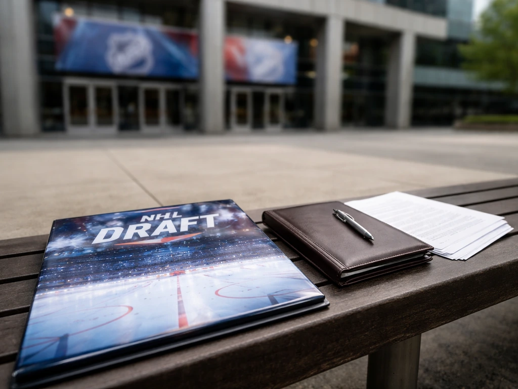 Hockey arena entrance with a blank contract folder and pen on a bench, symbolizing career and financial milestones.