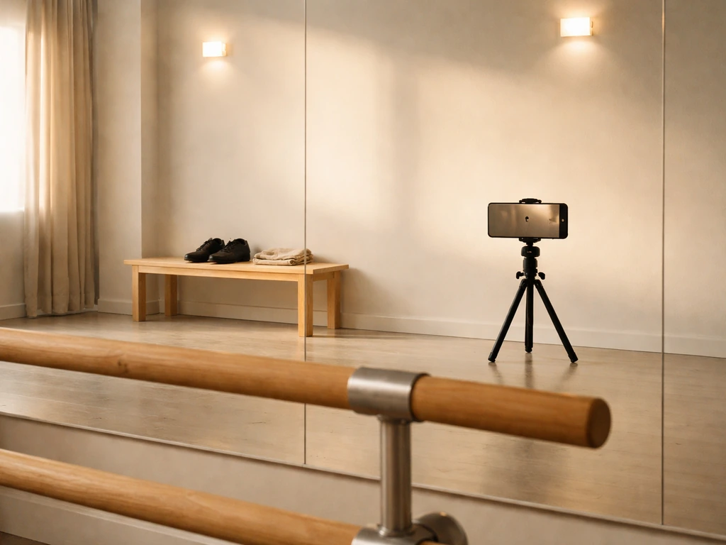 Minimal photo of a dancer’s studio: mirror wall, soft lights, ballet barre, and a smartphone on a stand