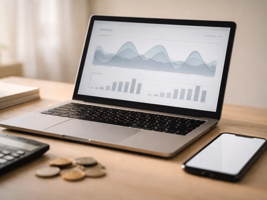 Minimal desk scene with laptop analytics-style screen, calculator, coins, and phone showing blank display.