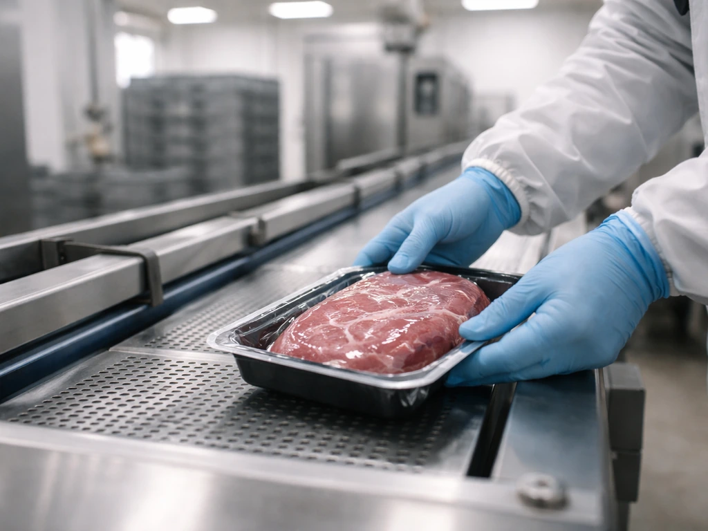 Anonymous gloved hands placing packaged meat on a tray in a stainless meat-processing plant.
