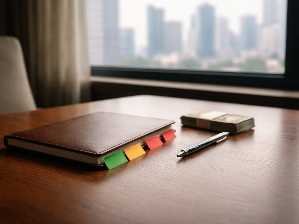 Minimal office desk scene with a journal and cash notes symbolizing a net worth estimate range
