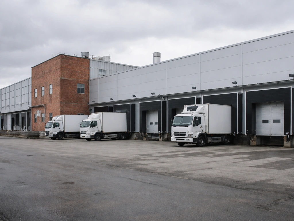Overcast street-level view of a large Russian meat-processing plant with loading bays and delivery trucks.