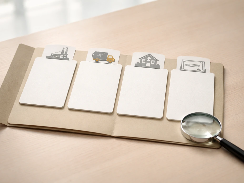 Minimal tabletop scene with blank checklist cards and small icon photos for factory, logistics, real estate, and investm