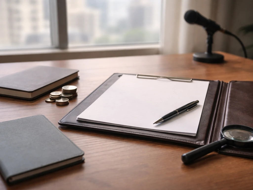 Minimal desk scene with passport, coins, and a folder, suggesting verified net-worth research.