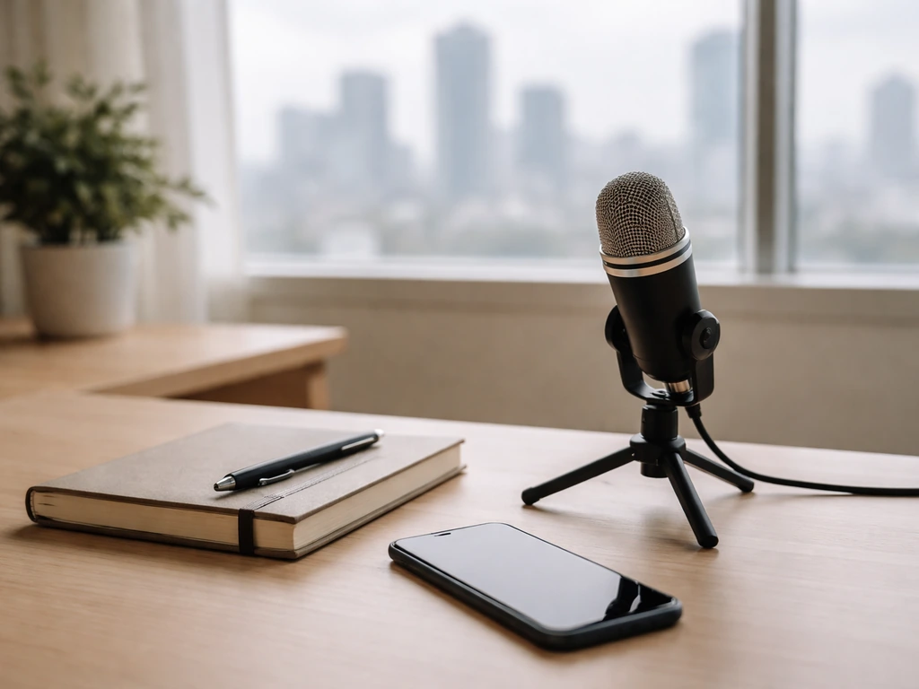 Minimal office scene with a blurred desktop microphone and soft city view, symbolizing business and identity research.