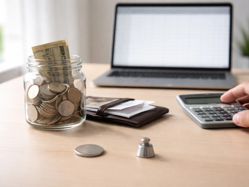 Minimal desk photo showing a coin jar for assets and a wallet for liabilities next to a calculator.