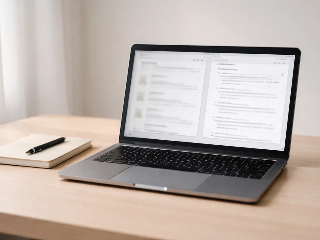 Minimal desk scene with a laptop showing blurred sanctions-list style screens and a search page look