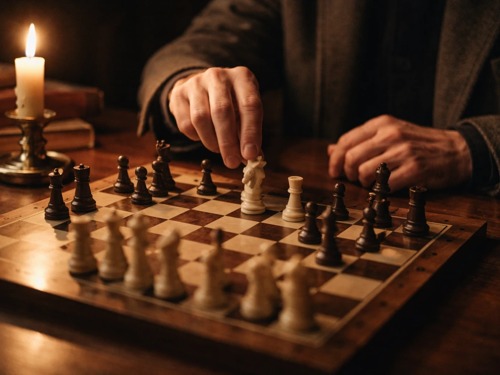 Archival-style photo of a chess player’s hands and a chessboard during a quiet match