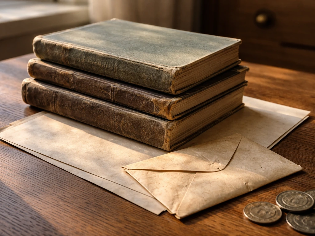 Close-up of aged chess books and a vintage money envelope on a desk, symbolizing evidence-based net worth support