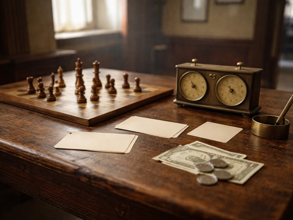 Vintage-style chess exhibition setup with a clock, scattered cards, and cash on a desk
