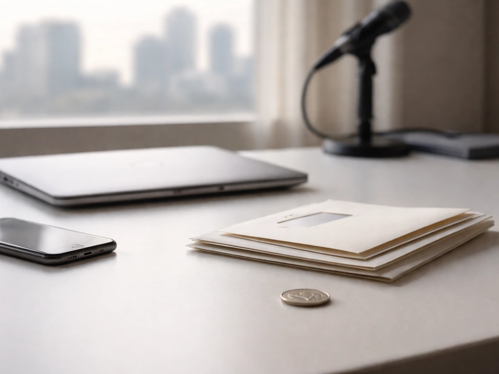 Minimal office desk with envelopes, coin, and tech tools symbolizing a money earnings breakdown.