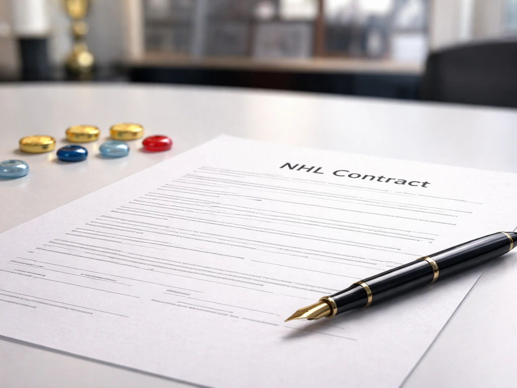 Close-up of an anonymous hockey contract document with contract-related details and a pen on a desk
