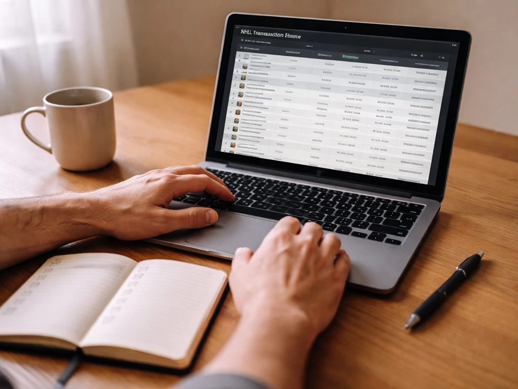 Person reviewing finance and sports transaction pages on a laptop with notes beside a notepad.