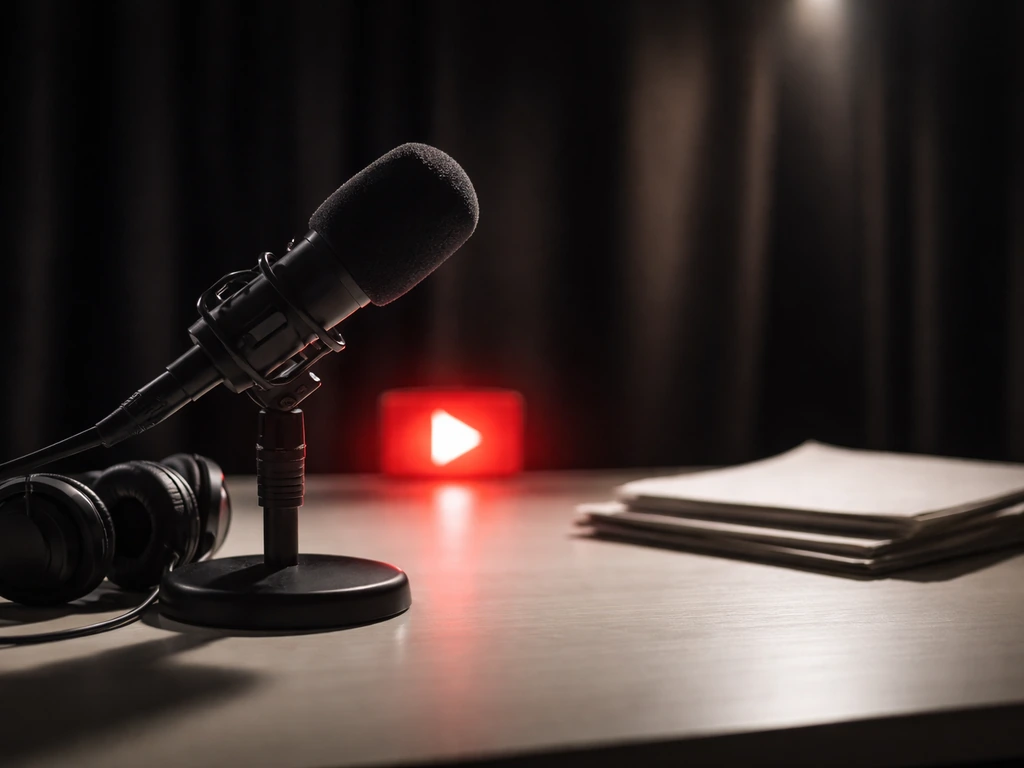 Anonymous studio microphone on a desk with headphones, suggesting media interview and research.