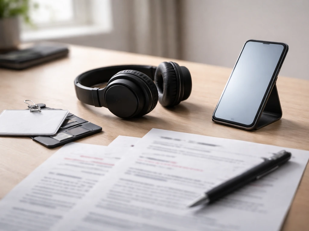 Minimal desk scene with scattered identity documents and a phone showing blurred name-like lines