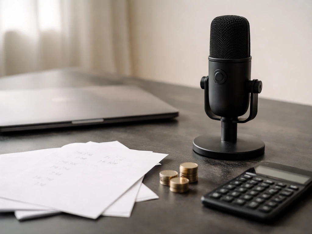 Minimal photo of a studio desk with a microphone and scattered notes suggesting business income calculation