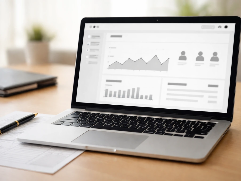 Close-up laptop with abstract analytics and a blank balance-sheet page on a tidy desk.