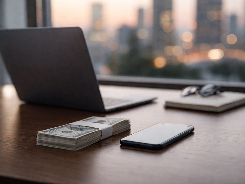 Minimal office scene with a laptop, cash, and a blurred city view suggesting net-worth estimation uncertainty