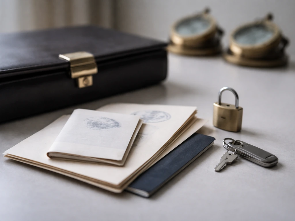 Unmarked documents, seals, and a padlock on a desk, symbolizing uncertain offshore net worth estimates.