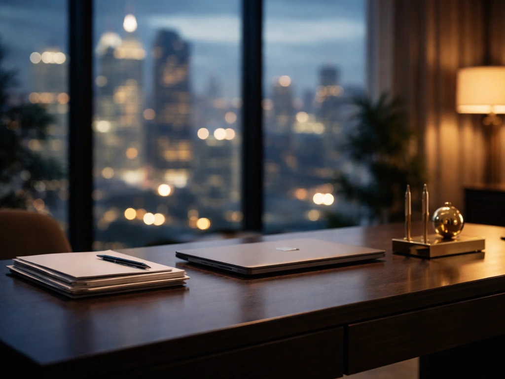 Luxury media office desk with a closed laptop, scattered documents, and a blurred city skyline at dusk.