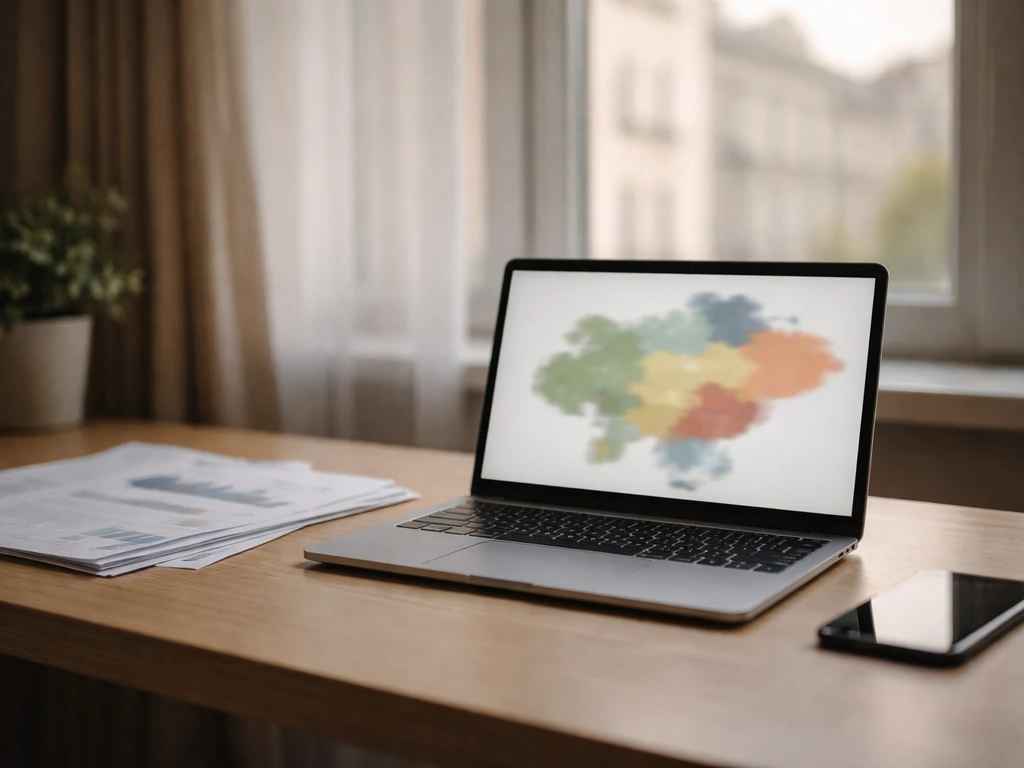 Minimal desk scene with blurred documents and a laptop showing a stylized regional wealth landscape map
