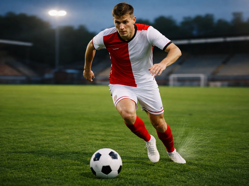 Anonymous footballer in red-and-white kit sprinting with a ball on a green pitch at dusk.