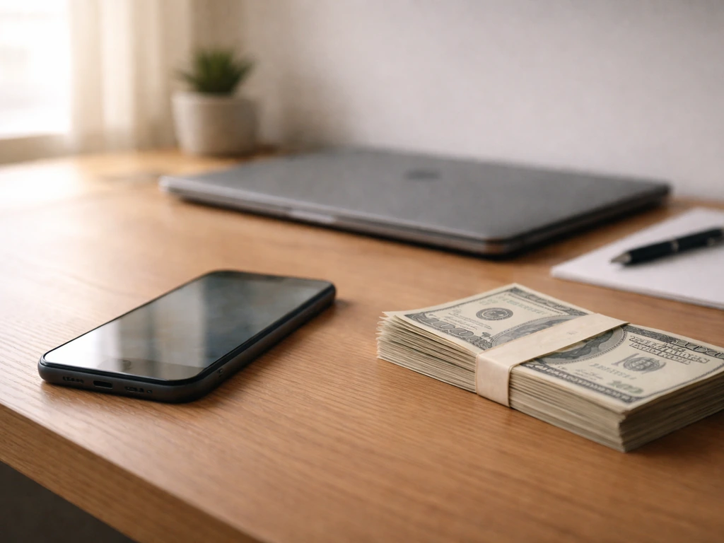 Minimal desk scene with scattered cash and a smartphone showing a blurred finance news feed, symbolizing net worth range