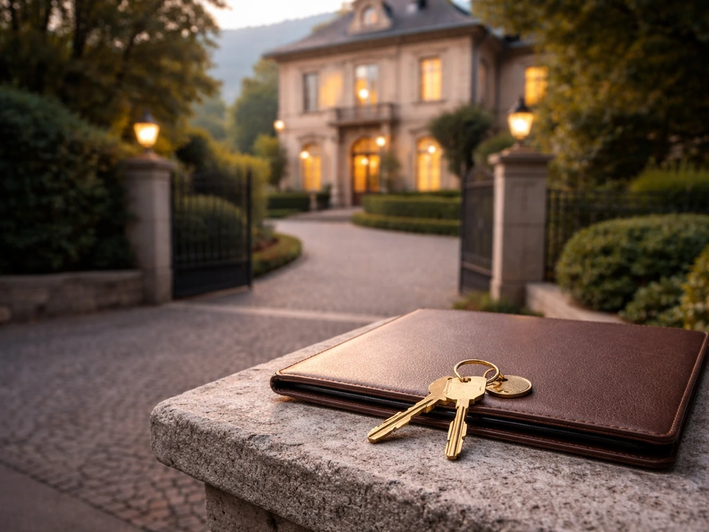 Luxury European villa entrance with a key set and leather folio symbolizing property and investments.