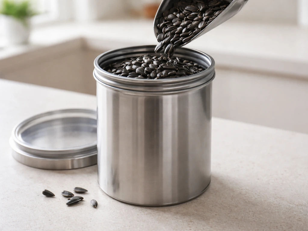 Dry black oil sunflower seed is carefully poured into a sealed metal can with a rubber gasket lid.