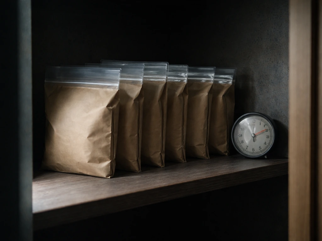 Dark, cool closet with sealed seed bags and a small moisture meter on a shelf