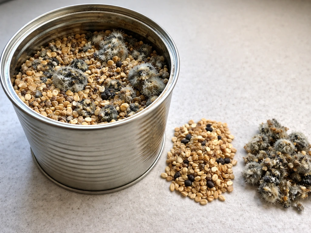 Close-up of bird seed from a can with moldy clumps laid beside clean seed pieces for comparison.