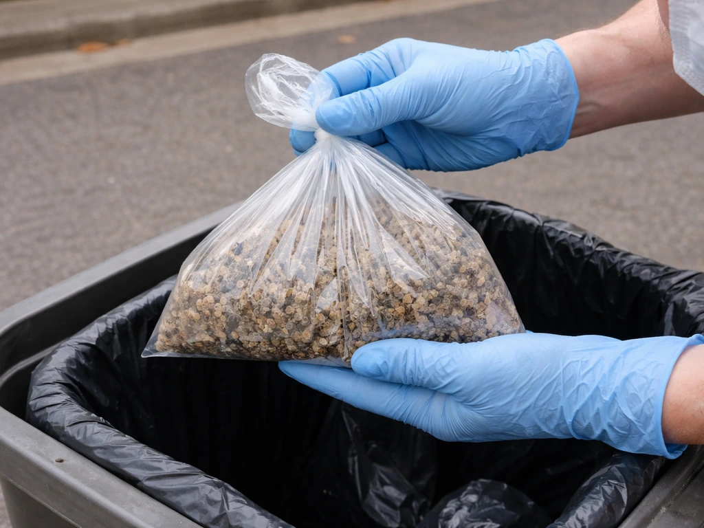 Gloved masked hands holding a sealed bag of contaminated seed above an outdoor trash bin area.