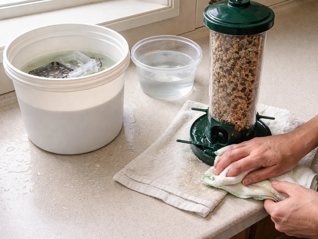 Hands soaking bird feeder parts in a bucket of bleach solution, with feeder and area below being rinsed.