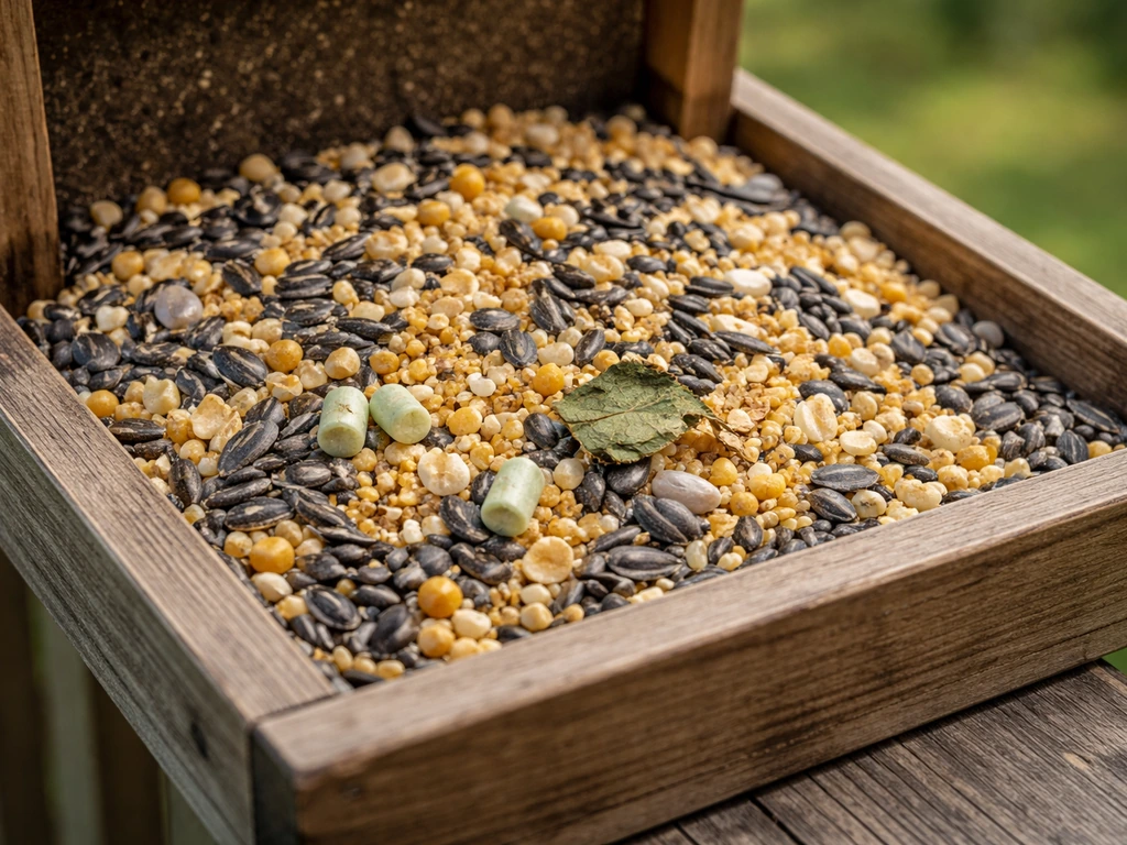 Close-up of bird feeder tray with mixed seeds and a few odd suspicious pieces mixed in.