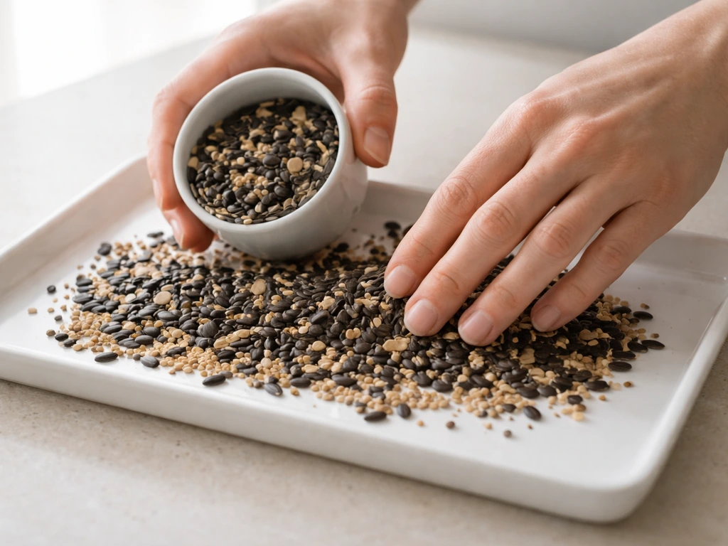 Hands spreading black-oil bird seed on a white tray under bright natural light.