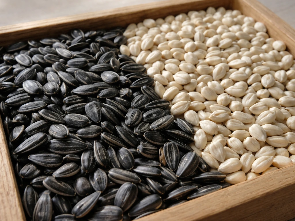 Close-up of black-oil sunflower and safflower seeds in a wooden tray, shown side-by-side.