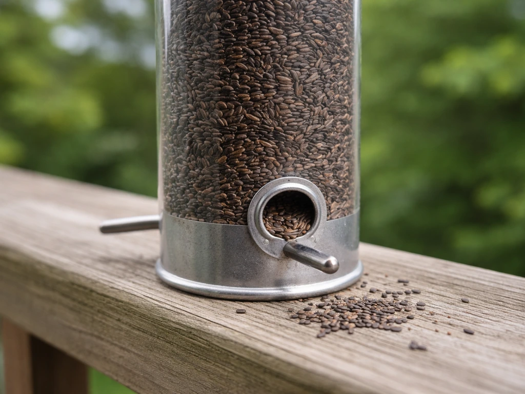 Close-up of a small-port nyjer thistle feeder with nyjer seeds visible on a deck railing.