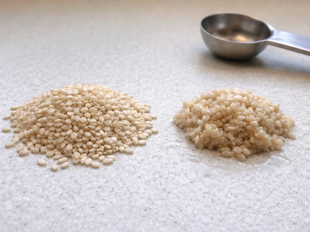 Close-up of clean dry seed beside wet clumped seed on a tabletop, suggesting discard.